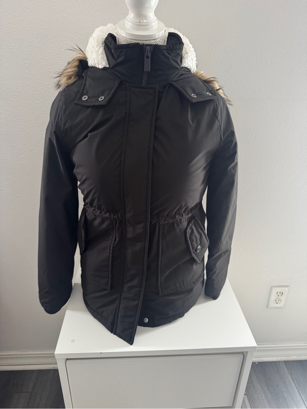 abercrombie kids Black Hooded Pea Coat with Faux Fur Trim